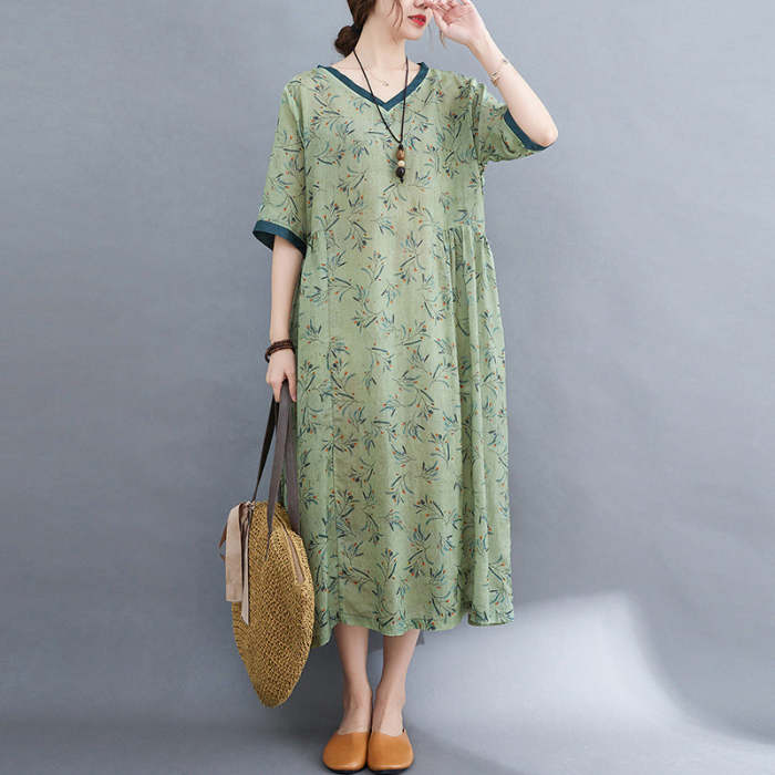 Summer Cotton Linen Short-Sleeved V-Neck Floral Dress