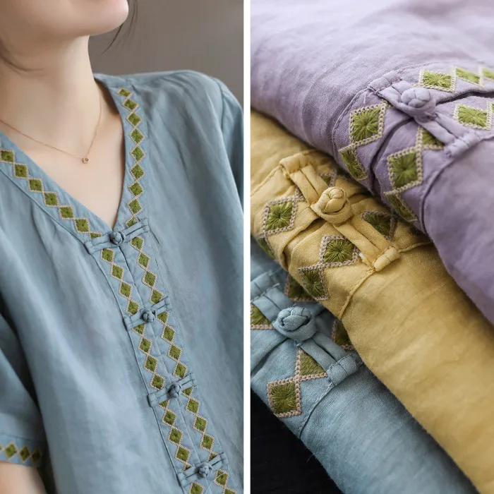 Women'S Summer Ramie Embroidered Buckle T-Shirt