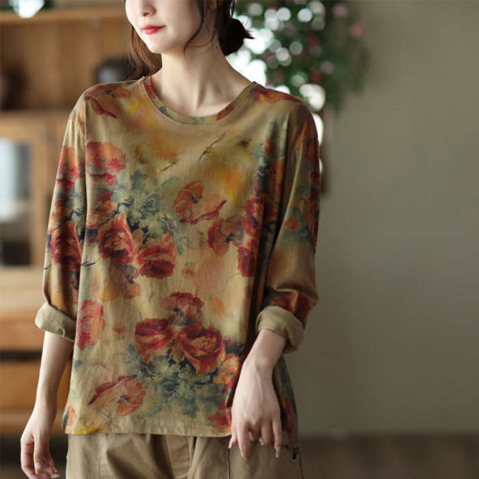 Women Autumn Vintage Print Pullover Loose T-Shirt