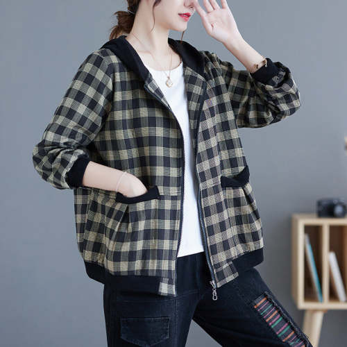 Winter Plus Size Hooded Plaid Zip-Up Jacket