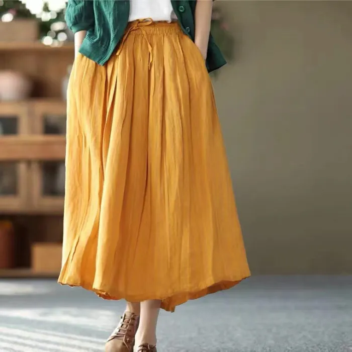 Vintage Linen Drawstring Pleated Skirt