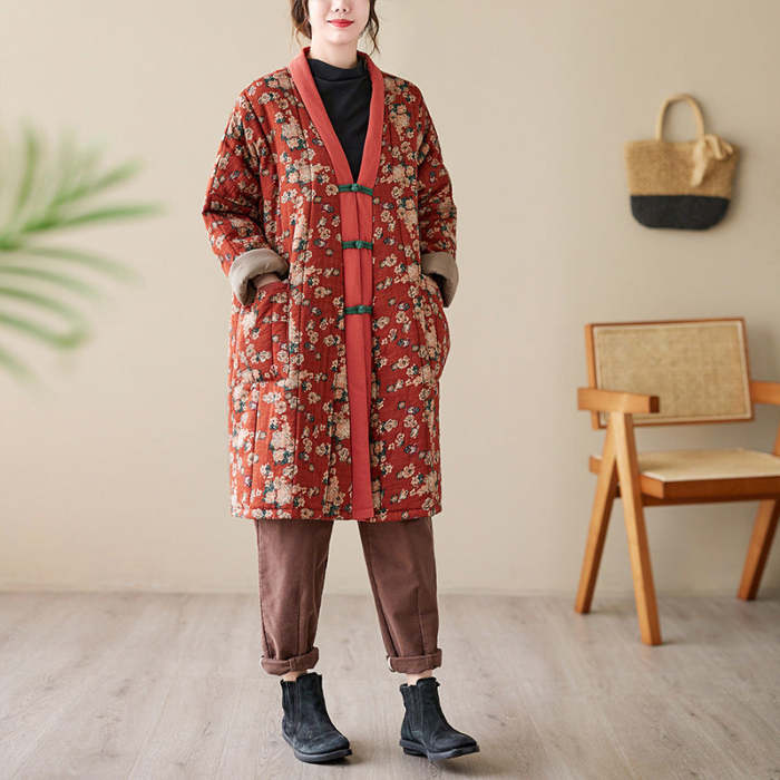 Winter Cotton Linen Printed Thick Coat