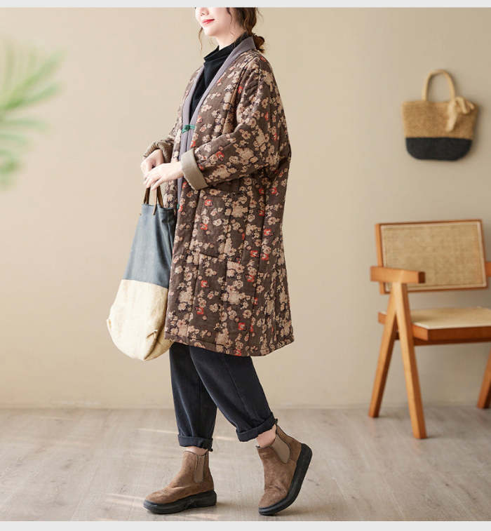 Winter Cotton Linen Printed Thick Coat