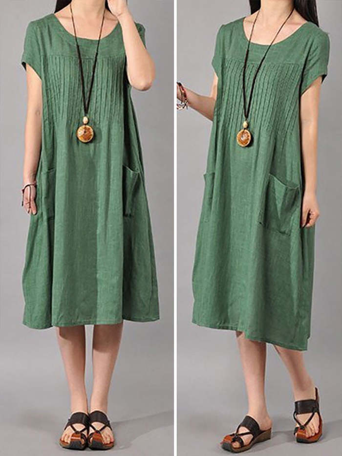 Plus Size Women Cotton Linen Loose Fitting Dress In Green