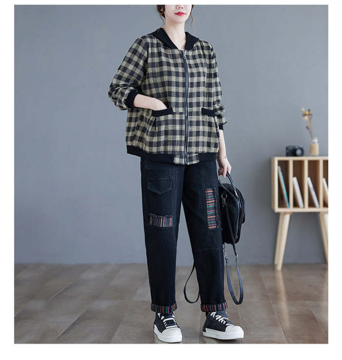 Winter Plus Size Hooded Plaid Zip-Up Jacket