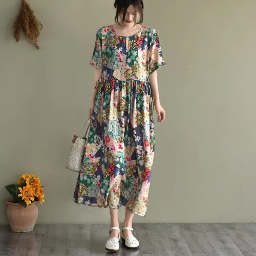 Plus Size Short Sleeve Floral Prints Loose Dress