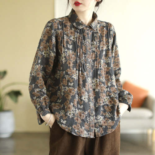 Spring Double Cotton Print Pleated Shirt