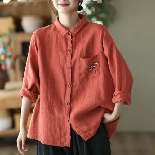 Women'S Autumn Embroidered Linen Shirt Lapel Shirt