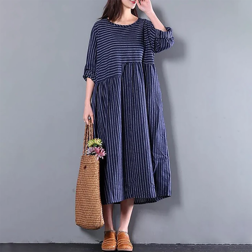 Plus Size - Casual Loose Stripe Long Sleeve Dress