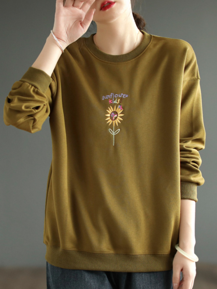 Women'S Autumn Round Neck Embroidered Sweatshirt