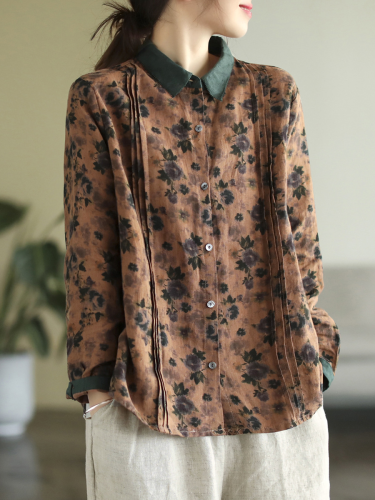 Women'S Autumn Linen Print Lapel Shirt