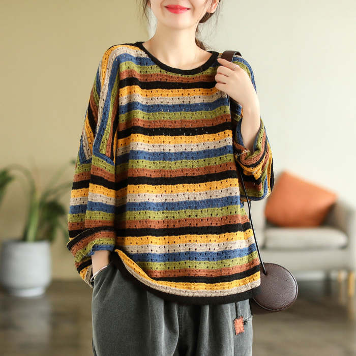 Autumn Striped Doll Sleeve Wool Knit Sweater