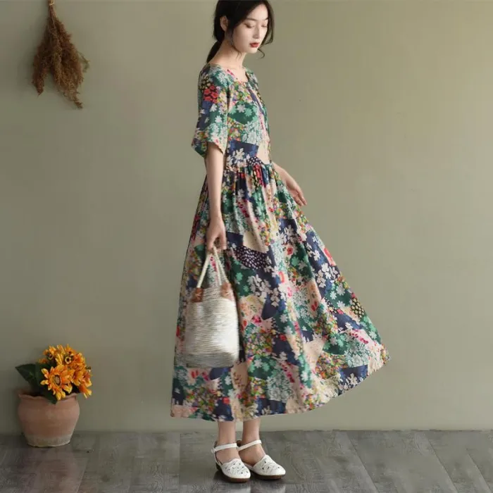 Plus Size Short Sleeve Floral Prints Loose Dress