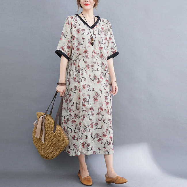 Summer Cotton Linen Short-Sleeved V-Neck Floral Dress