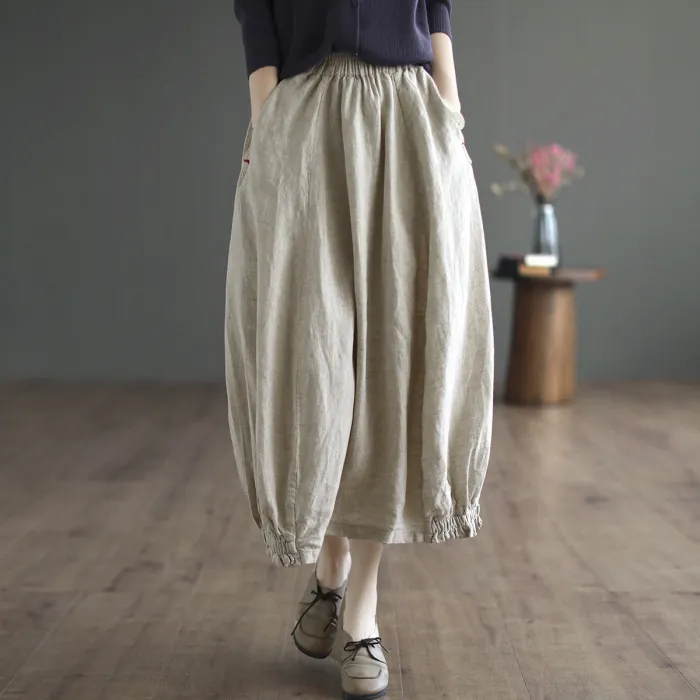Autumn Solid Elastic Waist Linen Skirt