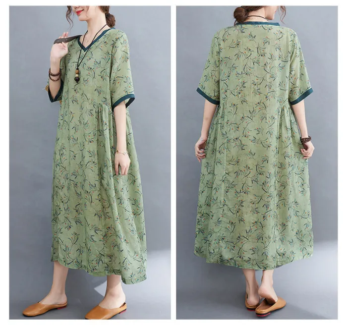 Summer Cotton Linen Short-Sleeved V-Neck Floral Dress