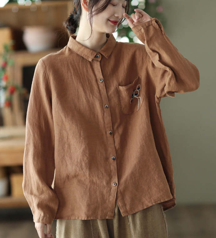 Women'S Autumn Embroidered Linen Shirt Lapel Shirt