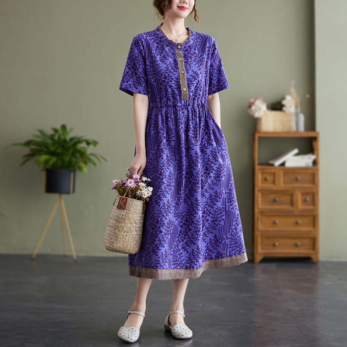 Summer Cotton  Linen Round Neck Print Short-Sleeved Dress