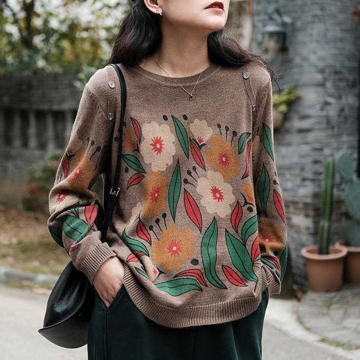 Autumn Knitted Crew Neck Print Sweater