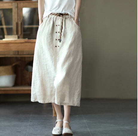 Summer Vintage Ramie Elastic Waist Skirt