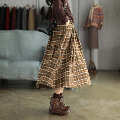 Spring Brushed Plaid Elastic Waist Skirt