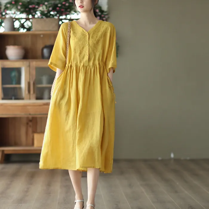 Summer Ramie Embroidered V-Neck Dress