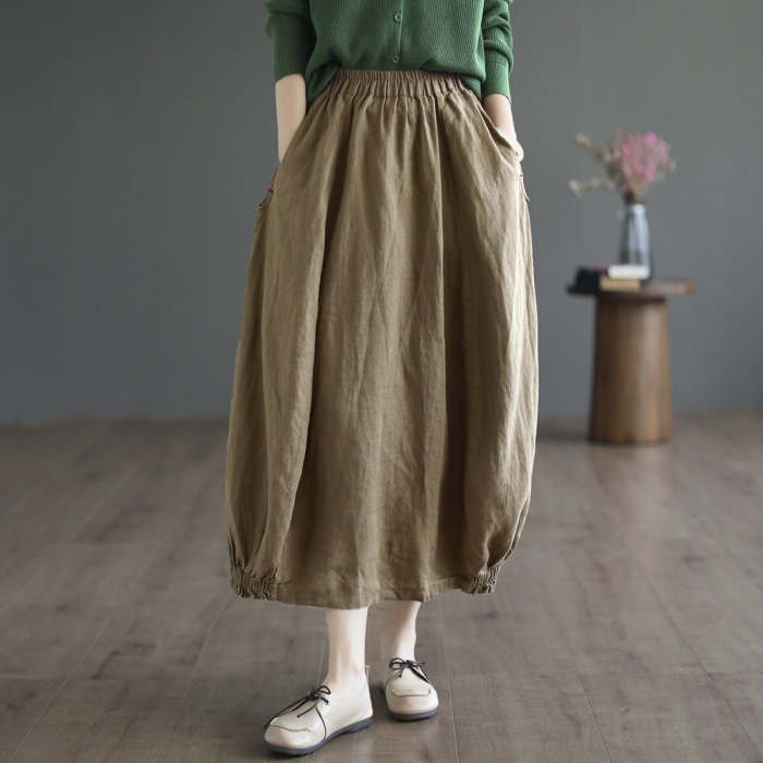 Autumn Solid Elastic Waist Linen Skirt