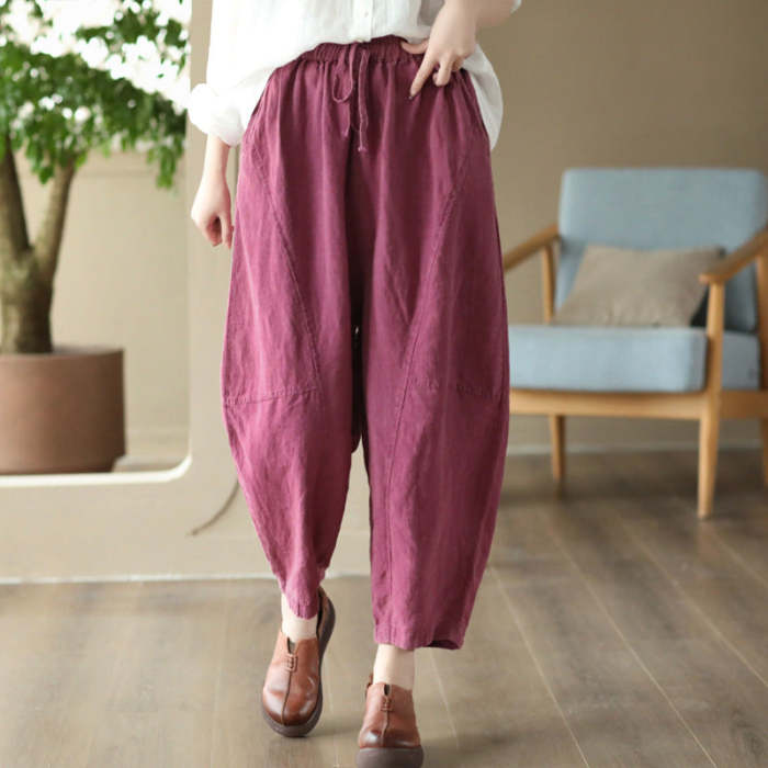 Women'S Vintage Linen Elastic Waist Pants