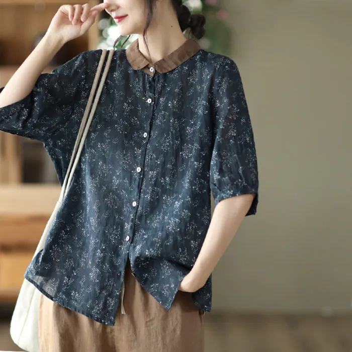 Women'S Lapel Printed Mid Sleeve Ramie Shirt