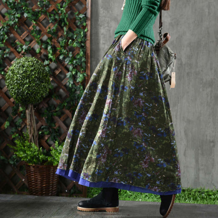 Autumn Vintage Cotton Linen Floral Skirt