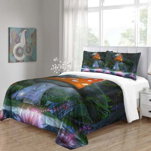 Mushroom House Bedding Set Pattern Quilt Cover