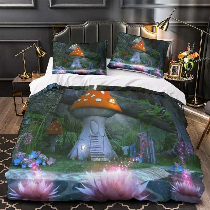 Mushroom House Bedding Set Pattern Quilt Cover