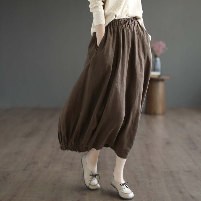 Autumn Solid Elastic Waist Linen Skirt