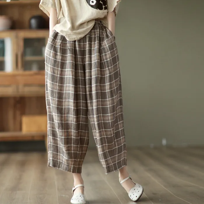 Women'S Summer Plaid Elastic Waist Linen Pants