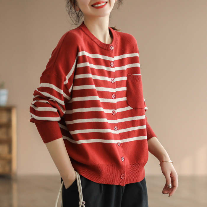 Autumn Striped Cotton Knit Cardigan Jacket