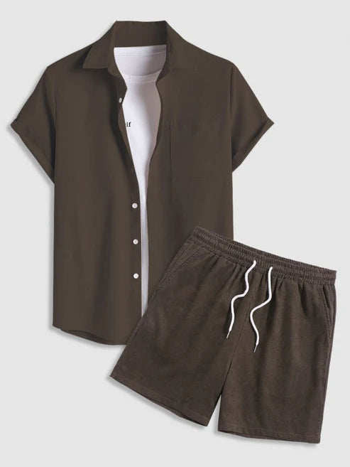 Drawstring Casual Basic Shirt And Shorts Set
