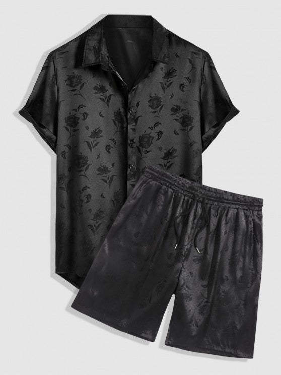 Rose Pattern Short Sleeve Shirt And Shorts Set
