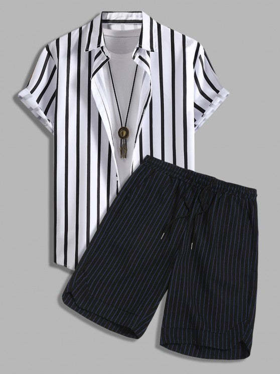 Striped Shirt And Drawstring Shorts Set