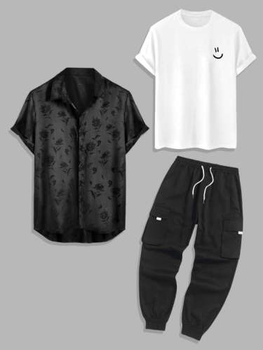 Jacquard Silky Shirt With Printed Basic T Shirt And Pants