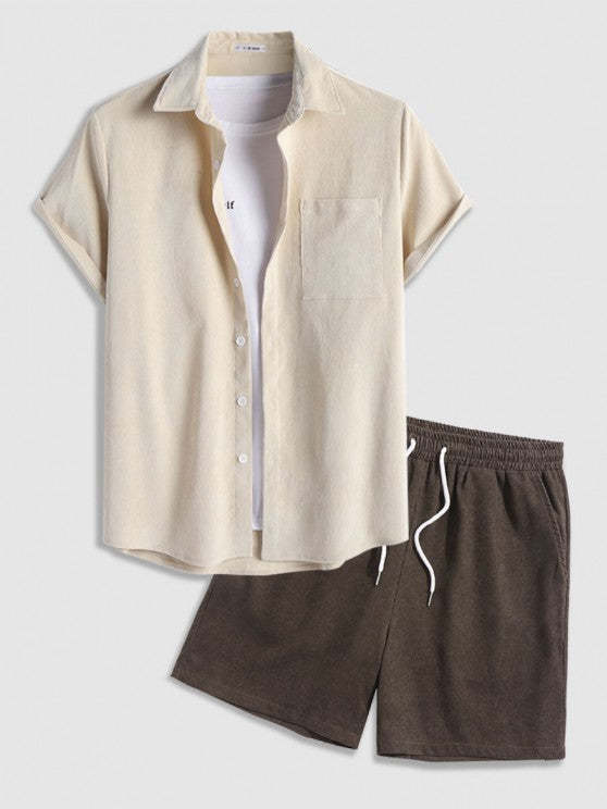 Front Pocket Shirt And Plain Corduroy Shorts Set