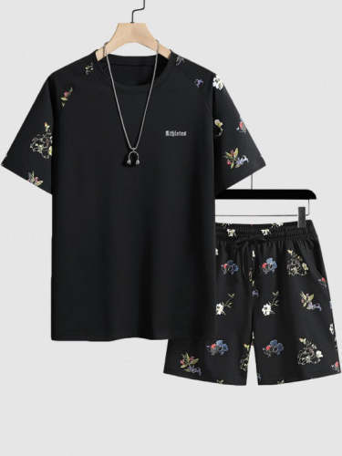 Flowers Pattern Short Sleeves T Shirt And Shorts Set