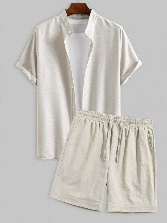 Plain Button Up Shirt And Shorts Set