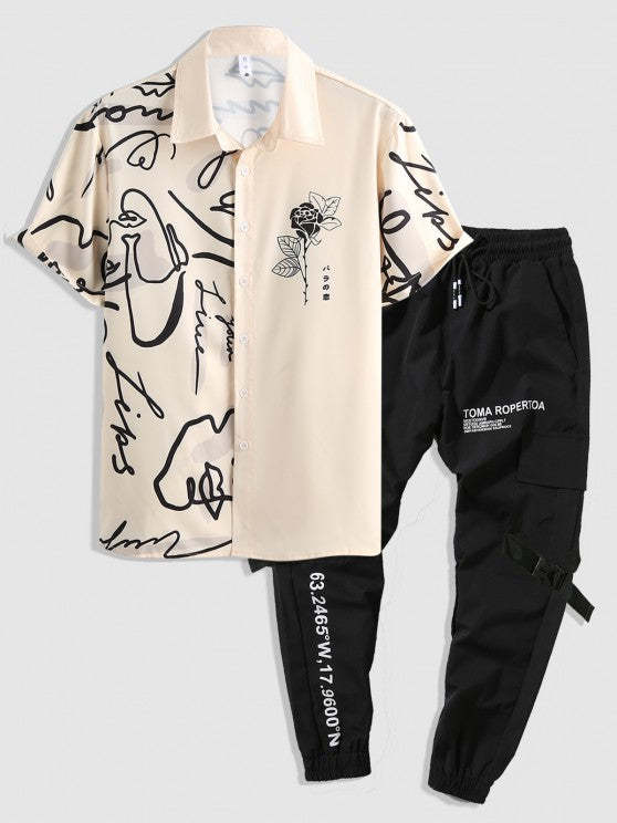 Printed Shirt And Letter Print Cargo Joggers Set