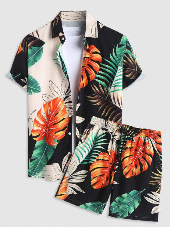 Tropical Palm Leaves And Drawstring Shorts Set