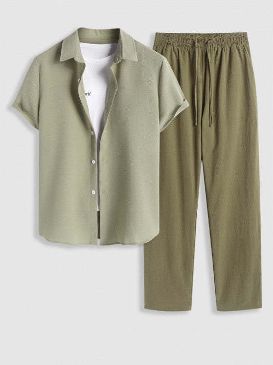Solid Colored Shirt And Casual Pants Set