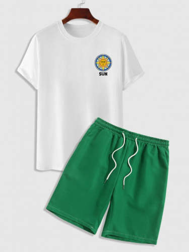 Sun Print T Shirt And Solid Colored Shorts Set