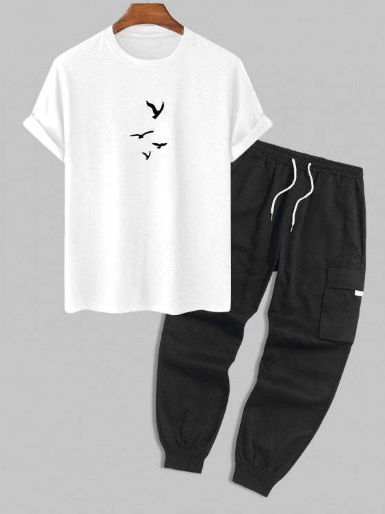 Birds Pattern T Shirt And Cargo Pants Set
