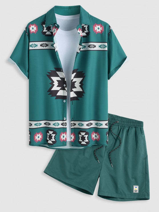 Tribal Pattern Shirt And Design Shorts Set