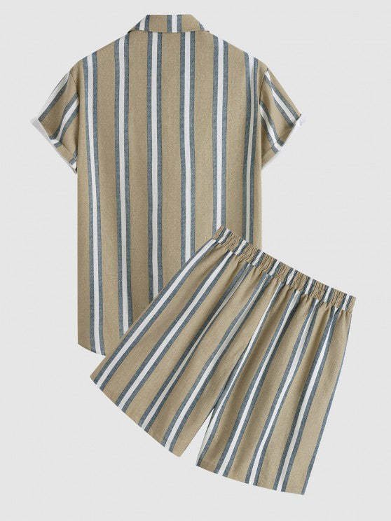 Linen Stripes Shirt And Casual Shorts Set