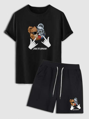Cartoon Bear Pattern Short Sleeves T Shirt And Shorts Set